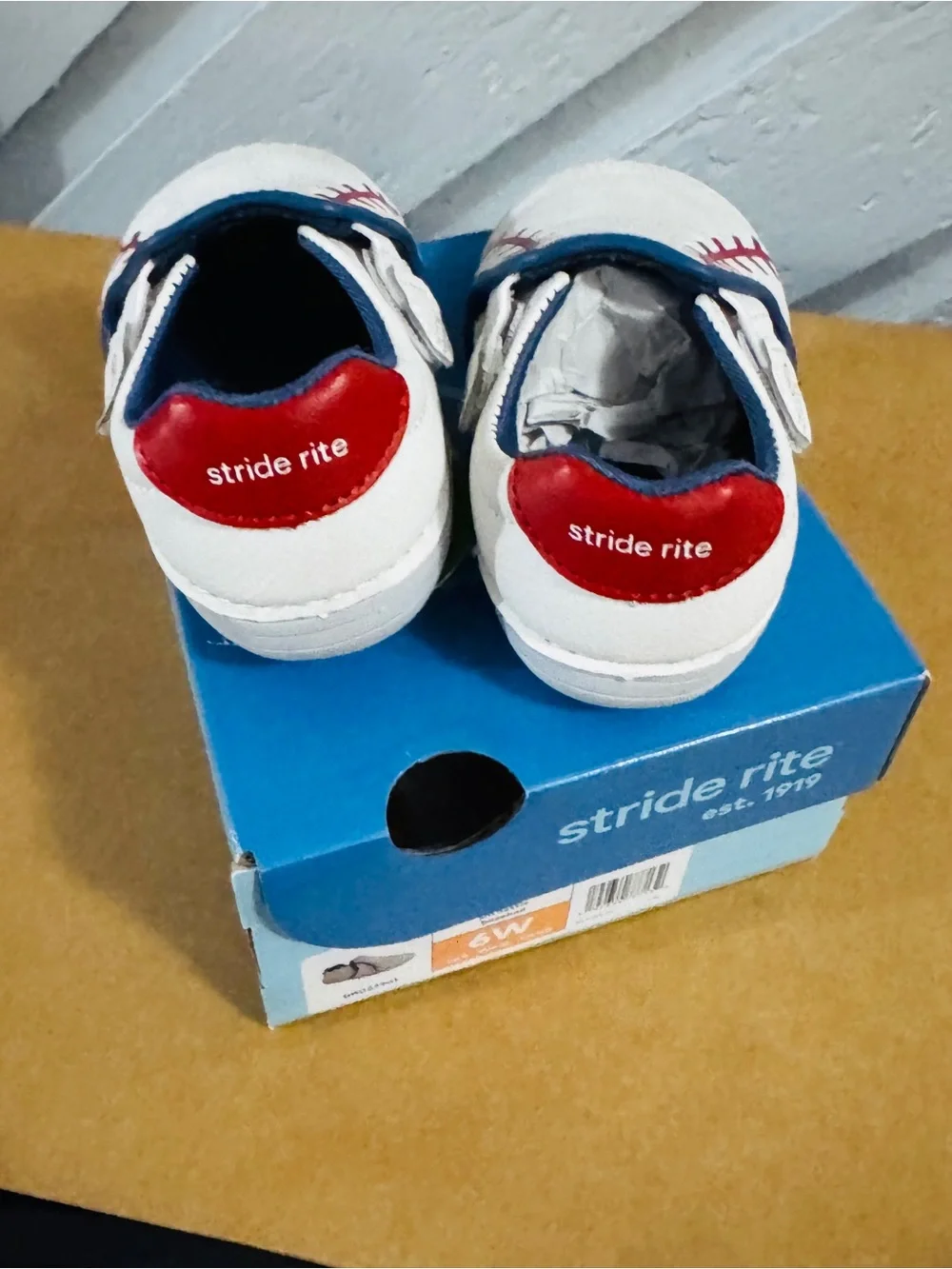 Stride Rite Baby Baseball Slip-On Shoes - White with Red & Navy walkers 6W wide